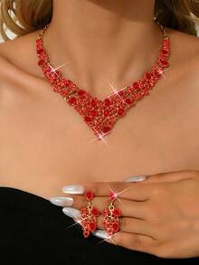 3件套波西米亚复古风合成红色水钻首饰套装 - 镀银合金耳环 - 十二月生辰石时尚套装，适合宴会、婚礼和特殊场合佩戴 - 紅色 - 查看 5