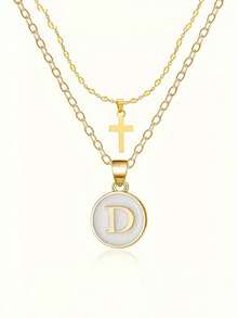 18K Golden Plated Stainless Steel Initial Letter & Cross Pendant Necklaces 2 Packs Set, Elegant Layered Script Letters, Daily & Vacation Wear, Thanksgiving Gift, All Seasons - No Mosaic Material - Gold - View 2