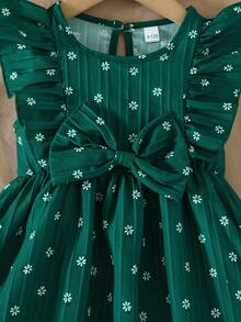 Vestito multicolore a margherite per bambine, senza maniche con grande fiocco, outfit carino per bambine - Verde Scuro - Visualizzare 5