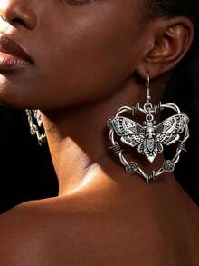 Bông tai hình trái tim hoa bướm phong cách Gothic cổ điển, bông tai hình trái tim hoa hồng phong cách Gothic Punk dành cho nữ, quà tặng ngày Valentine. - Bạc - Xem 2