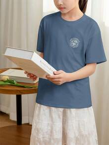 2pcs/Set Tween Girls Students Casual Printed Round Neck Short Sleeve T-Shirt, Summer Tops - Multicolor - View 5