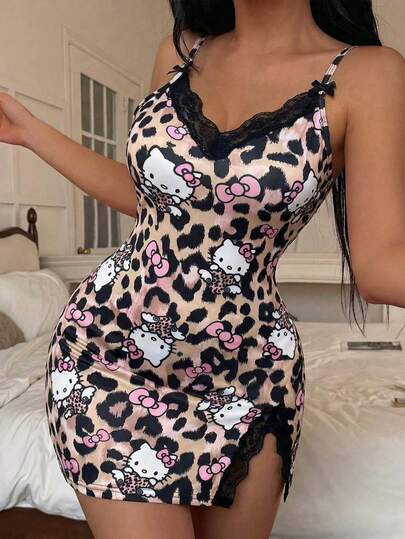 SANRIO 1pc Hello Kitty Lace Patchwork Side Slit Sexy Casual Cute Simple Style Women Dress