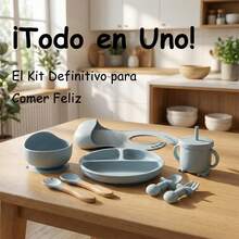 Set Alimentación Bebé Silicona 8 Pzs Plato Antideslizante Babero - Celeste - Ver 2