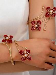 1 Set Oil Drop Flower Bangle & Bracelet Open Cuff Set, Red & Green, Minimalist Design, Fashionable & Versatile, Suitable For Women's Daily Wear, Parties & Gatherings - Multicolor - View 1