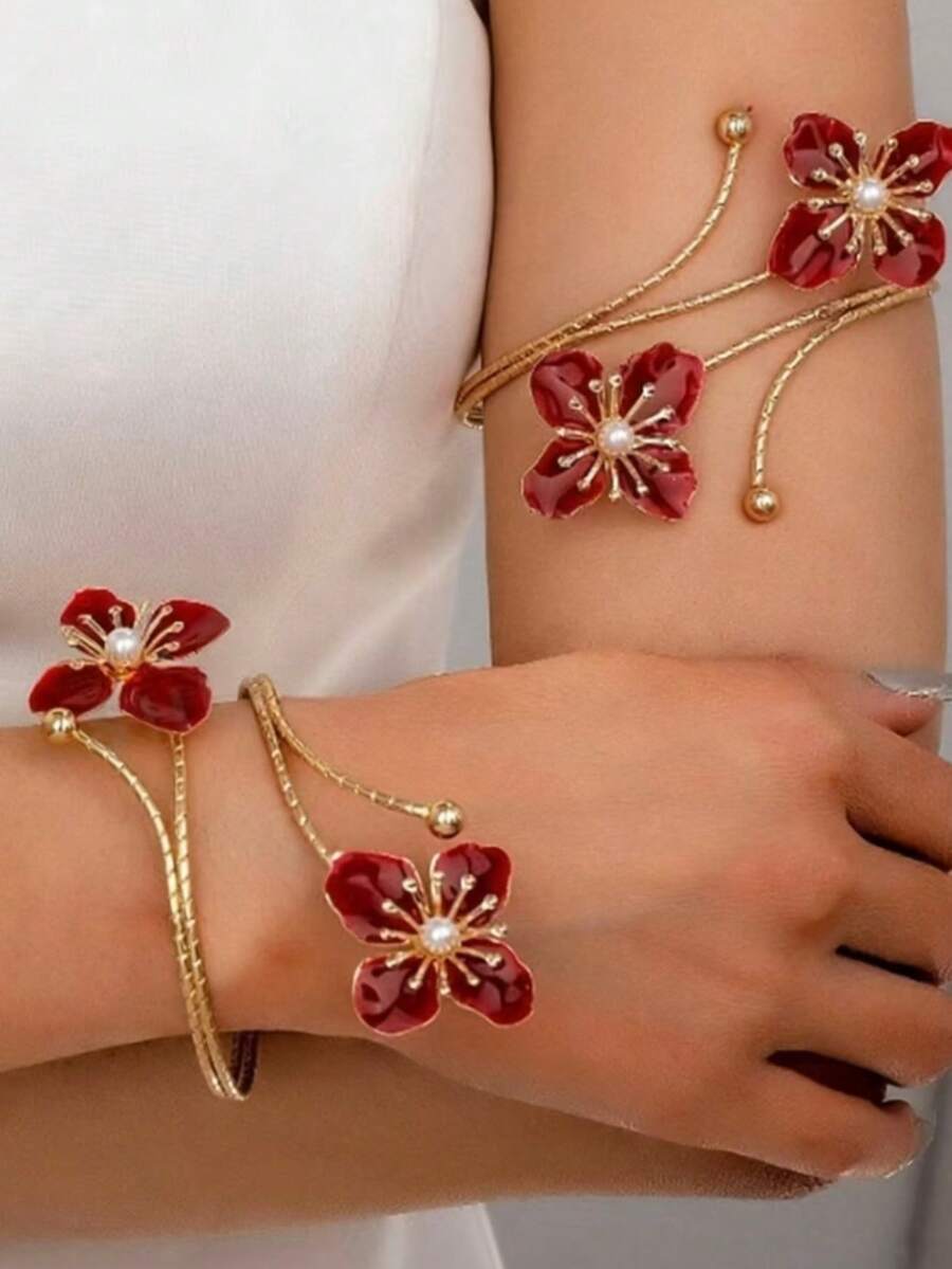 1 Set Oil Drop Flower Bangle & Bracelet Open Cuff Set, Red & Green, Minimalist Design, Fashionable & Versatile, Suitable For Women's Daily Wear, Parties & Gatherings - Multicolor - View 1