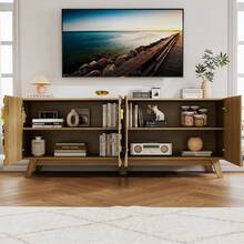 TV Stand With 2 Storage Cabinet For Living Room, Large Entertainment Center With Wave-Patterned Design, Console Table With Ajustable Shelf For 55"-75" TV For Furniture Set-Wood - Màu Khaki - Xem 7
