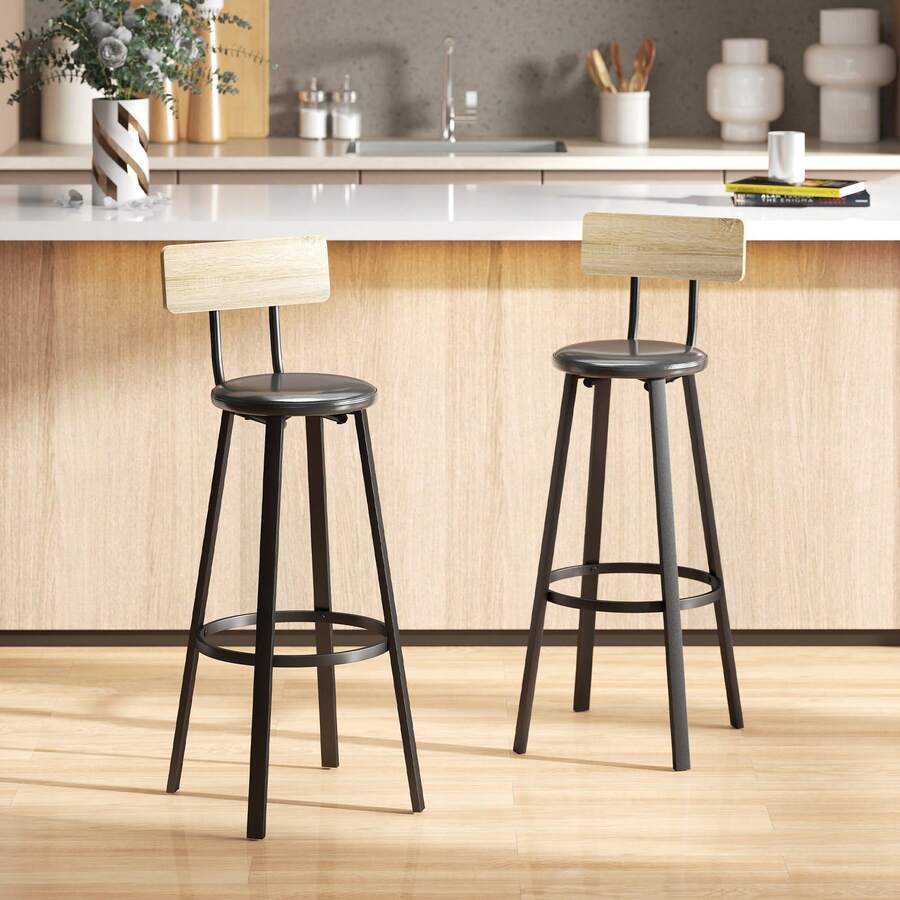 HOMCOM Juego de 2 Taburetes de Bar, Taburetes Altos de Cocina con Respaldo y Reposapiés, Tapizados de PU, Asiento de 75,5 cm de Altura, Fácil Montaje, Estilo Industrial - Negro - Ver 1