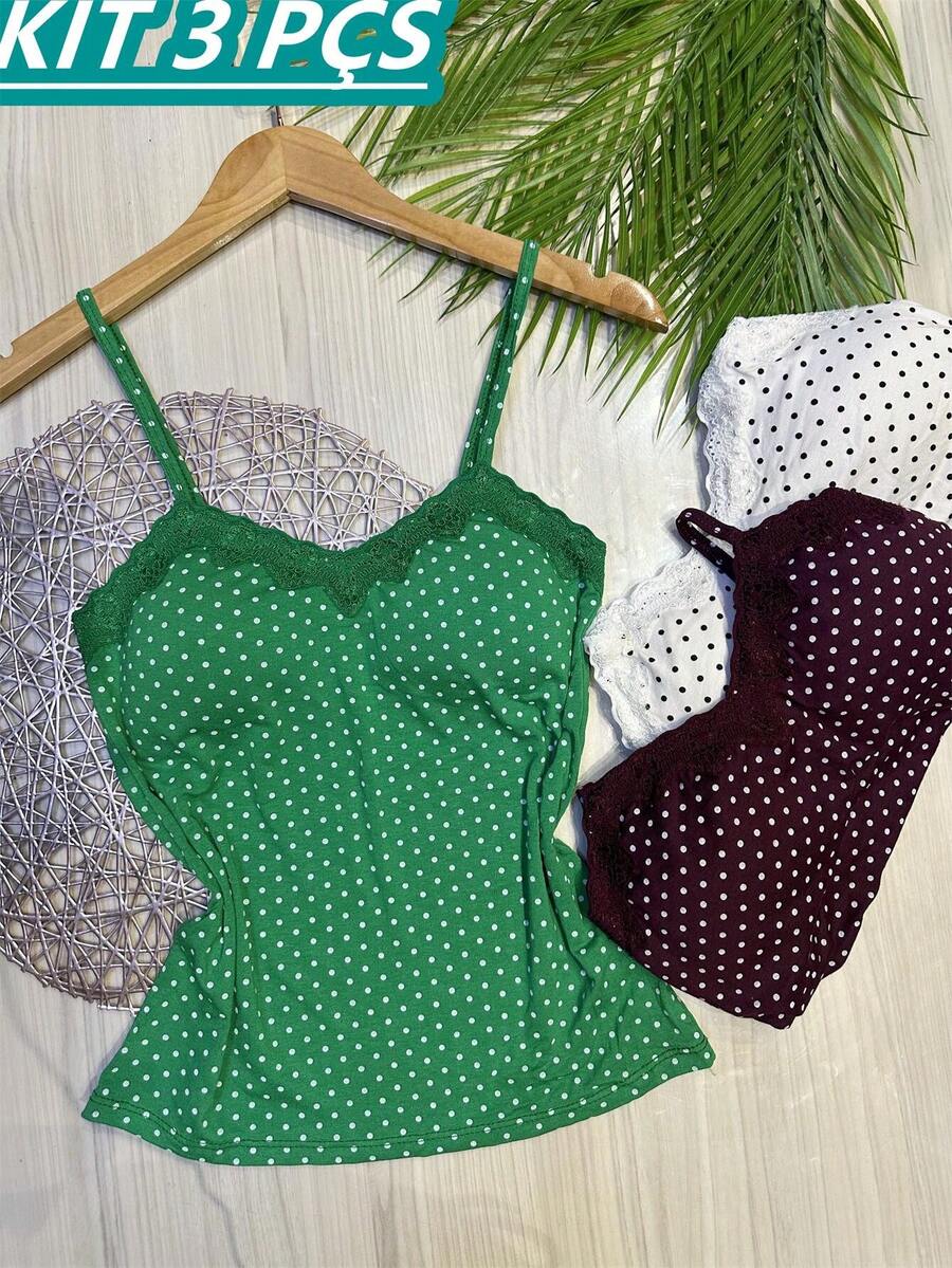 Set Of 3 Polka Dot Tank Tops With Built-In Bra Cups, Made Of Pretty Viscose/Lycra Fabric. - Verde hierba + blanco + burdeos - Ver 1