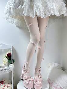 1 Pair Women's Sexy Fashion Velvet Bow Pearl Stockings Pantyhose - milky white - View 2