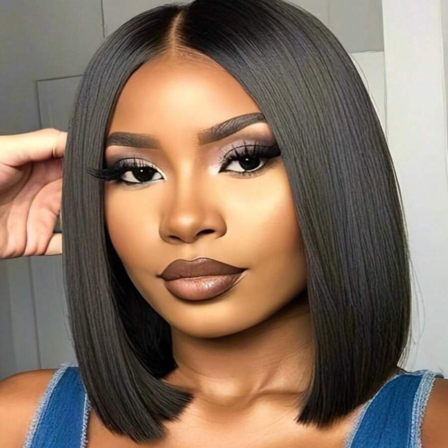 NATAN Elegant Short Bob Wig For Women - Natural Black, Voluminous Middle Part, High-Density Curly Wave, Perfect For Daily Wear, Parties, Birthdays & Valentine's Gift, Wig Accessories - Natural & Black - View 1
