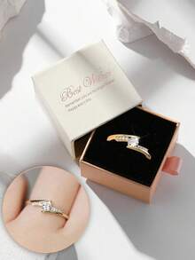 1pc Gift Box Elegant Cubic Zirconia Ring, Women's Engagement Party & Daily Wear Jewelry, Copper Material Non-Fading & Hypoallergenic, Ideal Holiday Gift - Gold - View 11