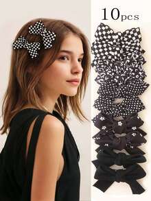 10件套花朵蝴蝶结发夹，红色波点蝴蝶结，米色，棕色，黑色格子蝴蝶结发饰，适合日常或返校佩戴 - 彩色 - 查看 7