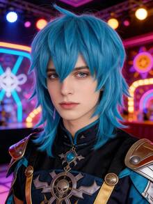 Heat Resistant Synthetic Medium Length Layered Straight Blue Anime Cosplay Wig With Bangs For Men Women Daily Party Holiday Christmas Comic Con Game Exhibition Use, Natural Looking, Beginner Friendly, Ideal Choice For Gifts - Multicolor - View 4