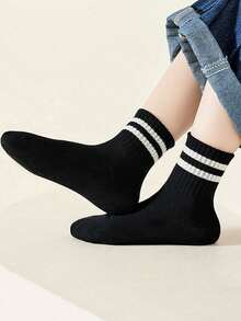 6 Pairs Kids/Students Double Bar Sports White Socks, Casual Athletic Socks For Boys And Girls, Suitable For Spring, Summer, Autumn And Winter Daily Wear - Multicolor - View 7