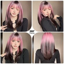 [Popular Choice] 20-Inch Long Straight Pink Gradient Black Wig With Bangs, Synthetic Women's Hair For Daily Use, Parties, Cosplay, Music Festivals, Halloween, And Christmas - Ombre - View 6