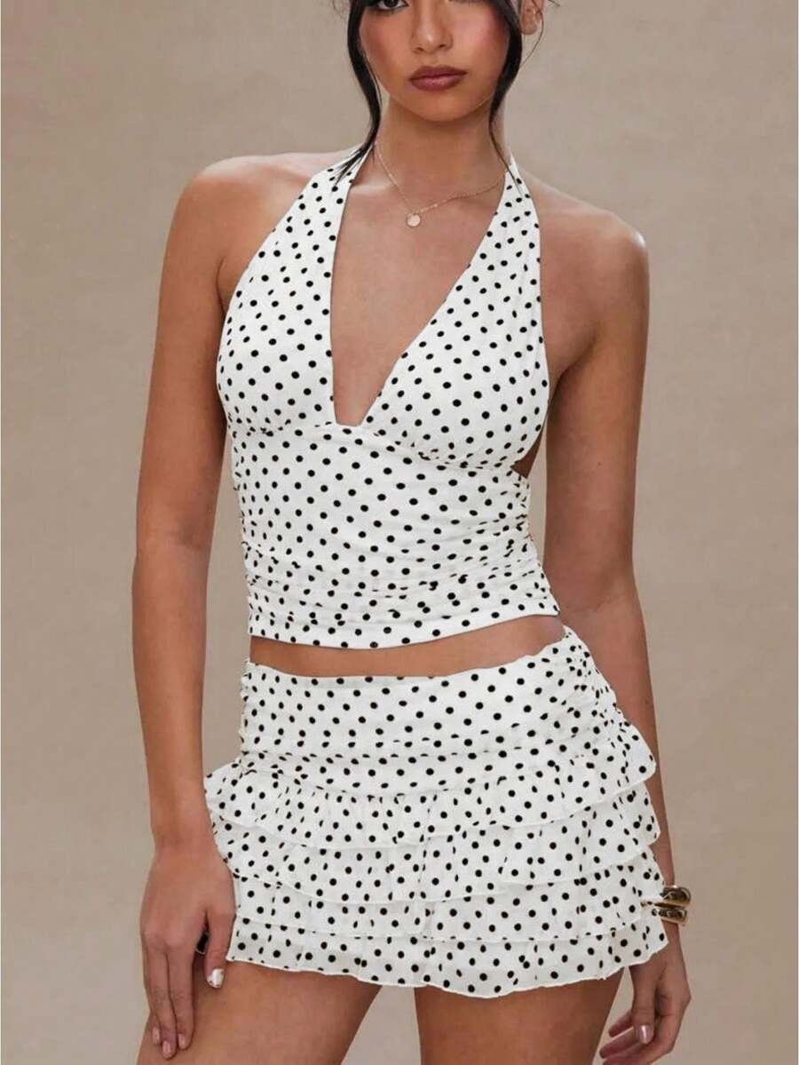 Women Polka Dot Outfits 2 Piece Skirt Sets Vintage Halter V-Neck Top And Ruffle Layered Mini Skirt Summer Y2k Outfits - trắng - Xem 1