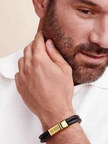 1pc Personalized Name Engraved Leather Cord Bracelet, Black Braided Leather Cord Letter Custom Wristband, Gift For Dad, Father's Day, Handmade Custom Gift, Birthday Gift, Christmas Gift - Multicolor - View 9