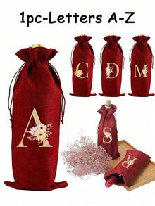 1 Personalized Linen Bottle Storage Drawstring Bag With Flower Gold Initials A-Z Printed On It, Bottle Cover, Coarse Linen Storage Bag, Linen Gift Bag, Wine Set, Beer Bottle Set, Bar Table Atmosphere Set. Equipped With A Drawstring To Prevent Dust, Reusable And Durable, Used For Storing Wine Bottles. - Multicolor - View 1