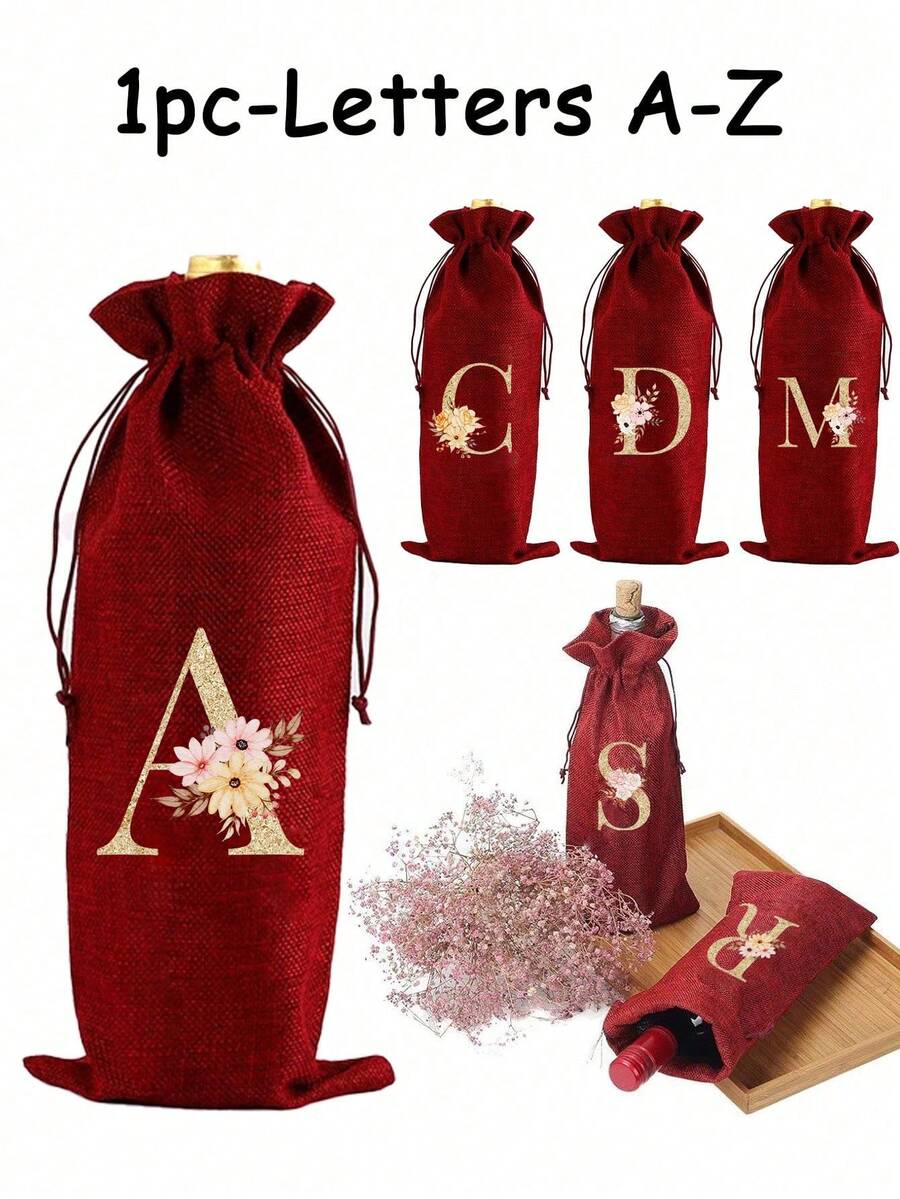 1 Personalized Linen Bottle Storage Drawstring Bag With Flower Gold Initials A-Z Printed On It, Bottle Cover, Coarse Linen Storage Bag, Linen Gift Bag, Wine Set, Beer Bottle Set, Bar Table Atmosphere Set. Equipped With A Drawstring To Prevent Dust, Reusable And Durable, Used For Storing Wine Bottles. - Multicolor - View 1