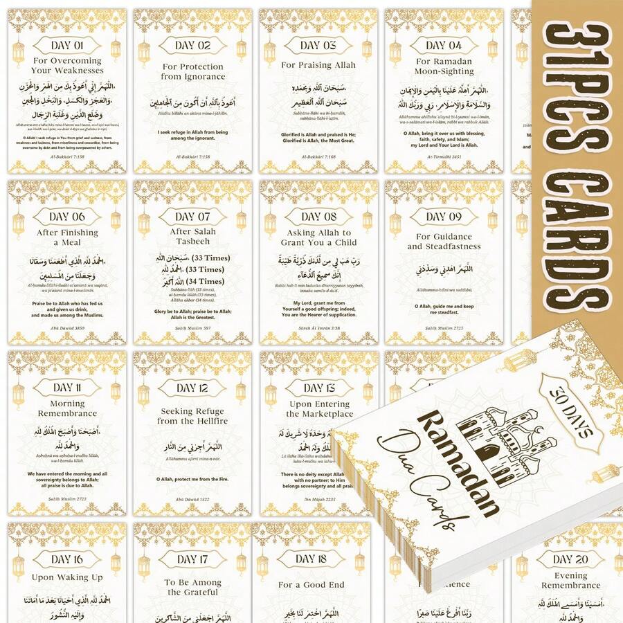 31 tấm thiệp Muraduwaka, thiệp cầu nguyện hàng ngày, thiệp nhắc nhở cầu nguyện song ngữ tiếng Ả Rập và tiếng Anh, quà tặng lễ Eid Mubarak, đồ dùng du lịch cho người Hồi giáo, quà tặng Eid Mubarak - Màu be - Xem 1