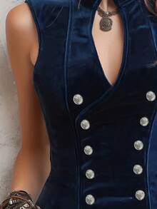 女士优雅藏蓝色丝绒无袖背心，双排扣收腰上衣 - 藍色 - 查看 5