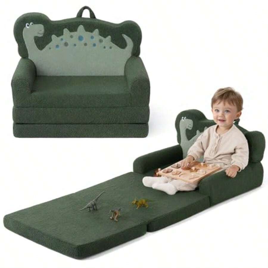 Sofá blissful Diary para niños sofá plegable 2 en 1 cómodo sofá convertible para tumbona muebles para niños para sala de juegos regalo para cumpleaños día del niño dinosaurio verde - Verde oscuro - Ver 1