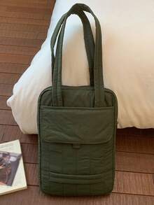 Large Capacity Quilted Solid Color Laptop Bag, 11 Inch Minimalist Flip-Cover Handbag, Nylon Material, Multiple Colors Available, Built-In Laptop Compartment, Main Compartment + Front Flap Pocket Design, Notebook Briefcase, Business & Casual Dual-Use, Suitable For Work Commute, Student Classes, Lightweight & Practical Multipurpose Tote - Multicolor - View 10