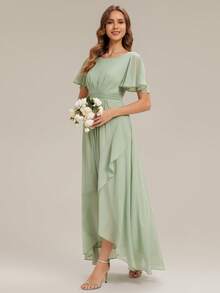 EVERPRETTY Elegant Chiffon Sage Green Bridesmaid Dress, Lantern Sleeve Asymmetric Hem Women's Wedding Guest Long Dress, Wedding Party Banquet Gown - Mint Green - View 7