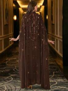 优雅珍珠刺绣蝙蝠袖长款立领罩袍 - 咖啡棕 - 查看 3