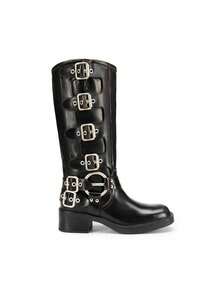 Women's Slip On Knee High Boots Square Toe Chunky Heel Classic Vintage Metallic Buckles Motorcycle Riding Boots - 鏽棕色 - 查看 6