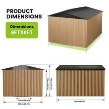 Cobertizo de almacenamiento metálico grande de 2,4 x 2,4 m para exteriores, cobertizo para herramientas con puertas con cerradura y rejillas de ventilación, cobertizo de jardín para patio trasero. - Marrón - Ver 4