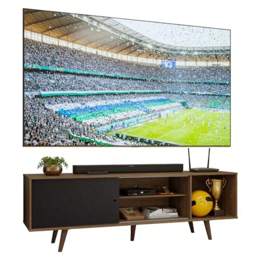Madesa Mueble Mesa Rack para TV hasta 80 Pulgadas con Puerta corrediza y 4 nichos Dubai - Marrón - Marrn - Ver 1