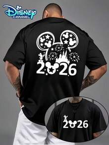 Disney's New 2026 New Year Element Mickey Mouse Pattern Printed Men's Fashion T-Shirt, Summer Sports And Leisure Wild Short Sleeve, Simple Pullover Round Neck Short Sleeve Men's T-Shirt, Suitable For Casual Wear And Daily Activities. - 黑色 - 查看 1