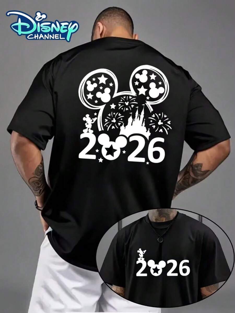 Disney's New 2026 New Year Element Mickey Mouse Pattern Printed Men's Fashion T-Shirt, Summer Sports And Leisure Wild Short Sleeve, Simple Pullover Round Neck Short Sleeve Men's T-Shirt, Suitable For Casual Wear And Daily Activities. - 黑色 - 查看 1