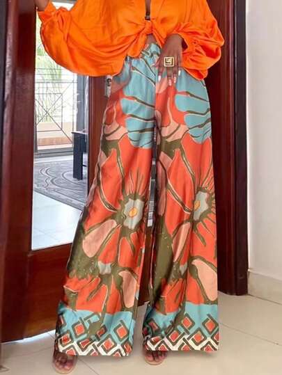 KeKe Wanli New Fashion Casual Minimalist Fresh Asymmetrical Bohemian Pattern Relaxed Wide Leg Loose Women Pants Vacation Spring