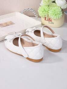 Girls' Mary Jane Fashion Versatile Plaid Splicing Bow Decor High-End Party Wedding Dance Flat Shoes - White - View 4