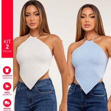 Set Of 2 Women's Top Scarves In One Size Modal Knit With Back Tie, Perfect Premium Summer Style, Fits Sizes 36 To 42 (Brazilian Sizes). - White and Blue - View 1