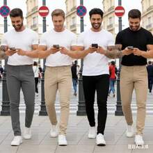 Men's Tailored Smart Casual Twill Trousers With Slash Pockets And Welt Pockets - Beige - View 3