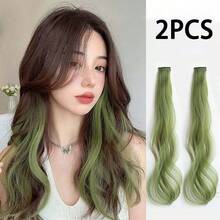 2pcs Women's Seamless Green Ombre Clip-In Hair Extensions, Realistic Long Hair That Can Be Trimmed To Desired Length, Claw Clips, Hair Slide, Hair Barrettes - Green - View 1