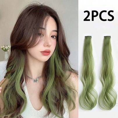 2pcs Women's Seamless Green Ombre Clip-In Hair Extensions, Realistic Long Hair That Can Be Trimmed To Desired Length, Claw Clips, Hair Slide, Hair Barrettes, Hair Accessories For Women, Hair Piece, Head Accessories