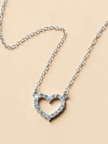 1pc Rhinestone Hollow Heart Pendant Necklace, Valentine's Day - Silver - View 4