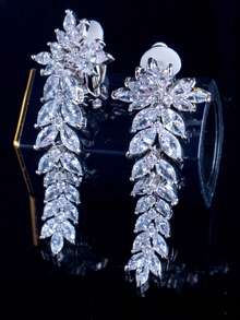1 Pair Long Leaf Dangle Drop Clip On Earrings, Bridal Wedding Zirconia Crystal Silver Plated Cubic Zirconia Jewelry Accessories For Brides, Banquet, Party, Pageant, Prom, Women, Ladies, Bridesmaids Gifts - 1 Pair Clip On Earrings - View 8
