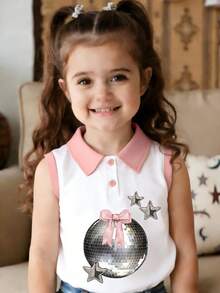 Young Girl Disco Ball And Matching Stars, Pink Bow-Tie Print Polo Vest Girls Sleeveless Vest Kids Clothes Girls Summer New Top