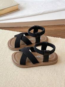 Girls' Elastic Band Slip-On Flat Sandals, Children Flat Shoes For Beach - Black - View 4