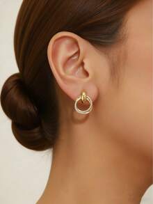 2pcs Geometric Copper Zirconia Oval Stud Earrings, Suitable For Women's Daily, Date, Party Wear - Yellow Gold - View 1