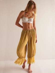 Women Lace Trim Long Bloomers Elastic Mid Rise Ruffle Pantaloons Cropped Flared Slips Pants Loungewear Summer Pettipants Capri Bottoms - 黃色 - 查看 1