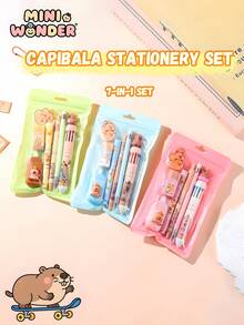 1 Set Children's Cartoon Style Capybara Theme Stationery Set, 7-In-1 Set, Includes 10-Color Ballpoint Pen*1 Neutral Pen*1 Pencil*1 Highlighter*1 Eraser*1 Correction Tape*1 Capybara Pendant, Suitable For Children's Daily Use, Ideal Gift For Kids - Multicolor - View 1