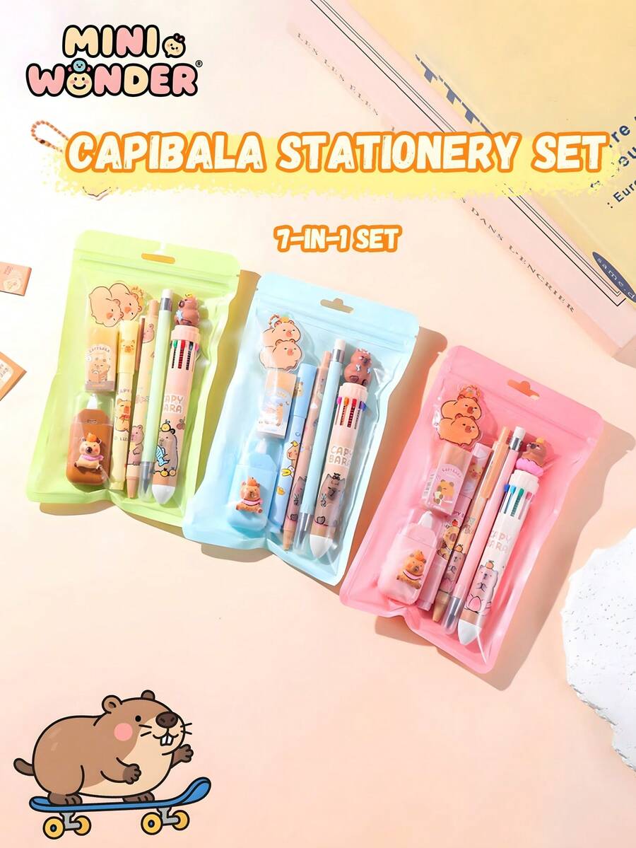 1 Set Children's Cartoon Style Capybara Theme Stationery Set, 7-In-1 Set, Includes 10-Color Ballpoint Pen*1 Neutral Pen*1 Pencil*1 Highlighter*1 Eraser*1 Correction Tape*1 Capybara Pendant, Suitable For Children's Daily Use, Ideal Gift For Kids - Multicolor - View 1