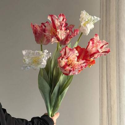 1支25英寸人造丝鹦鹉郁金香花，触感逼真，适用于家居、厨房、婚礼、母亲节装饰