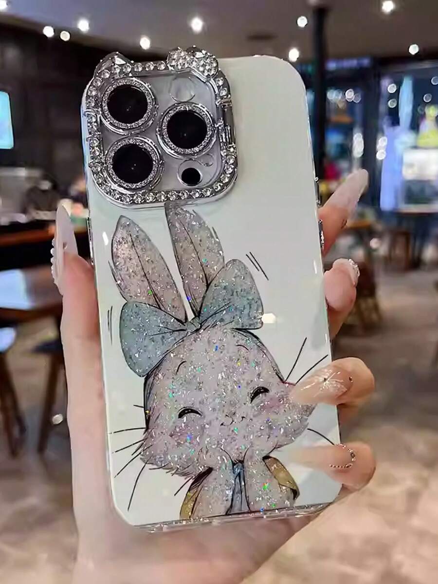 1个高端卡通兔子水钻手机壳，兼容 11/12/13/14/15/16/17 Pro Max，全包闪亮钻石保护壳，情人节礼物 - 白色 - 查看 1